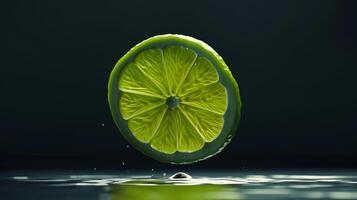 Simple and clean shot of a spinning slice of lime photo