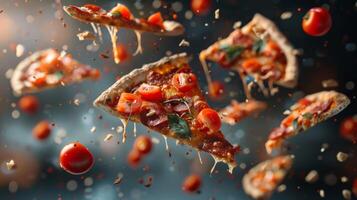 Dynamic poster showcasing floating pizza slices in a kinetic layout photo