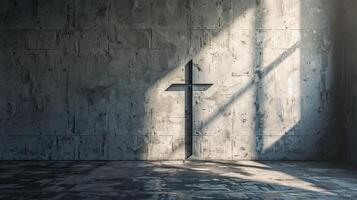 Large copy space adjacent to an image of a cross-shaped shadow on a wall photo