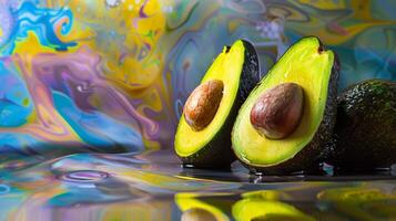 Spinning avocados against an abstract background of swirling colors photo
