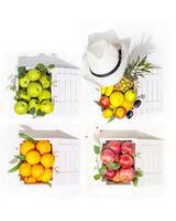 Vertical composition with seasonal, organic fruit in white boxes on a white background photo