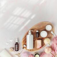 Mock up for cosmetics based on natural ingredients with copy space on a white background. photo