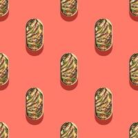 Seamless pattern with isolated open tin of Baltic sprats in oil with spices on a pink background photo