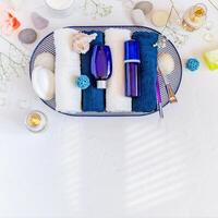 Cosmetics SPA background, top view, on white background, place your design photo