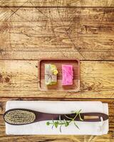 Natural, eco friendly spa background with a brush and organic soap with copy space photo