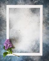 White frame and a fresh sprig of lilac on a blue textured background with copy space photo