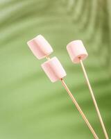 Food composition with marshmallow sticks and shade from palm leaves on a green background photo