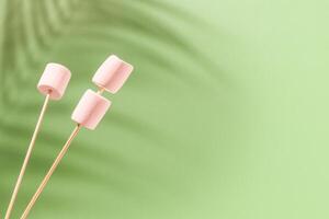 Food composition with marshmallow sticks and shade from palm leaves on a green background photo