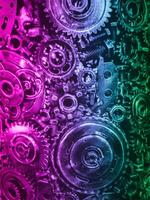 Neon, industrial background with different kind of metal gears and mechanisms photo