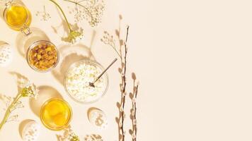 Ingredients for making Easter cake with white flowers photo