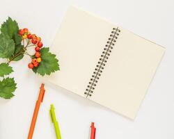 An open notebook with white sheets of paper, hawthorn twigs and colored pens on a white background photo