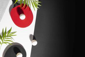 Ping-pong rackets, balls, net and palm leaves with copy space photo