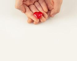 Hands holding a red heart on a white background photo
