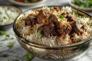 A plate of mandi rice or mandhi on a marble countertop photo