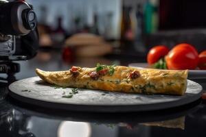 Omelet on a plate on a marble background. photo