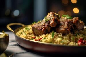 A plate of Kebuli with mutton on a marble countertop photo