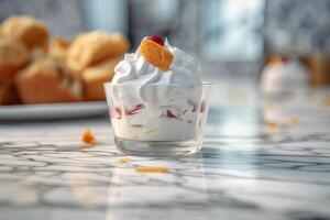 Sweet dessert on a marble countertop. Dessert with fruit topping photo