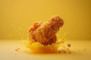 Fried chicken with orange juice splashing on yellow background. Close up photo