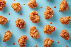 Crispy deep-fried chicken on blue background, top view photo