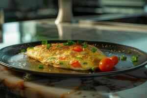 Omelet on a plate on a marble background. photo