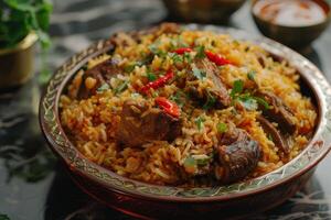A plate of Kebuli with mutton on a marble countertop photo