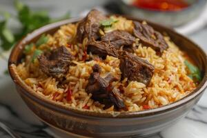 A plate of Kebuli with mutton on a marble countertop photo