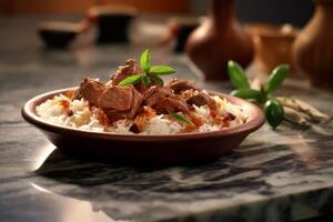 A plate of Kebuli with mutton on a marble countertop photo