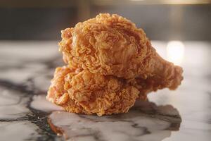 Fried chicken on a marble table in the kitchen. Close-up. photo