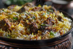A plate of biryani on a marble countertop photo