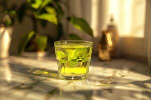 A cup of Green Tea on a marble countertop photo
