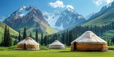 Three traditional Asian nomadic yurt on field in highlands against the backdrop of mountains photo