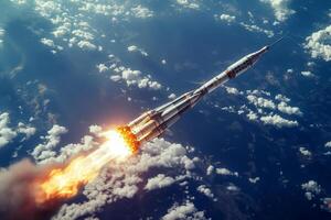 flying rocket spaceship into space on background of blue sky with clouds photo