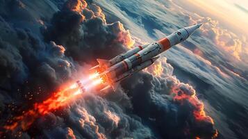flying rocket into space in space orbit on background of sky of Earth photo