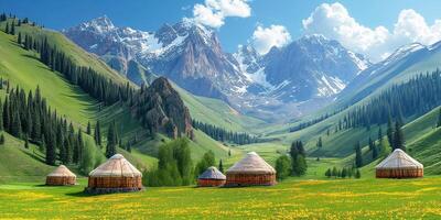 Asian nomadic traditional village with yurts in a field in mountains in summer photo