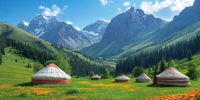 nomadic traditional village with yurts in a meadow in mountains in spring photo