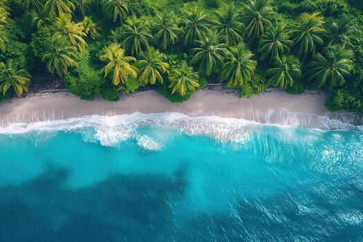 paradise island with sandy beach and palm trees on coast in ocean. Aerial top view photo