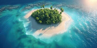 uninhabited island with sandy beach and palm trees on coast in ocean. Aerial top view photo