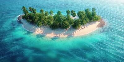 tropical uninhabited island with sandy beach and palm trees on coast in ocean. Top view photo
