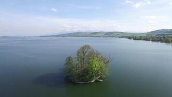 Cinematic aerial view of tree island in the middle of a lake landscape scenery video