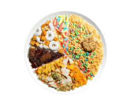 a plate with cereal, nuts, and other food png