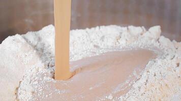 Kneading the dough. Adding leaven to the dough. video