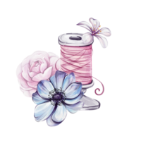 Watercolor flower and a spool of thread are on a white background. The flower is pink and blue, and the thread is pink. Concept of creativity and craftsmanship, as the thread, sewing tools png