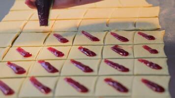 Making dough buns with jam filling. Production of bakery products at home. Squeezing the jam filling into the dough. Sweets production and industry concept video