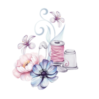 Watercolor vintage sewing tools - spool of thread, pin, thimble with flowers. Vintage sewing tools compositions. Handcraft in retro style. Vintage old-fashion, tailoring for logo, postcard png