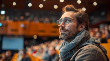 Attentive Man in Glasses Watching Presentation at Conference photo