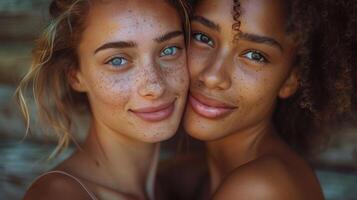 Two women sharing moment of love and attraction ideal for various concepts photo