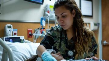 nurse checking vital signs of a patient in a hospital room, attentive and supportive. photo
