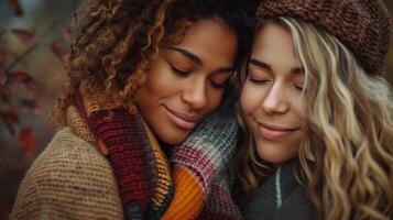 Two women sharing moment of love and attraction ideal for various concepts photo
