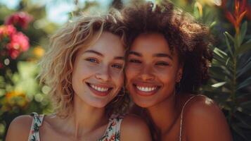 Two beautiful women sharing moment of love and attraction ideal for various concepts photo
