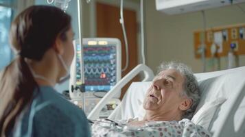nurse checking vital signs of a patient in a hospital room, attentive and supportive. photo